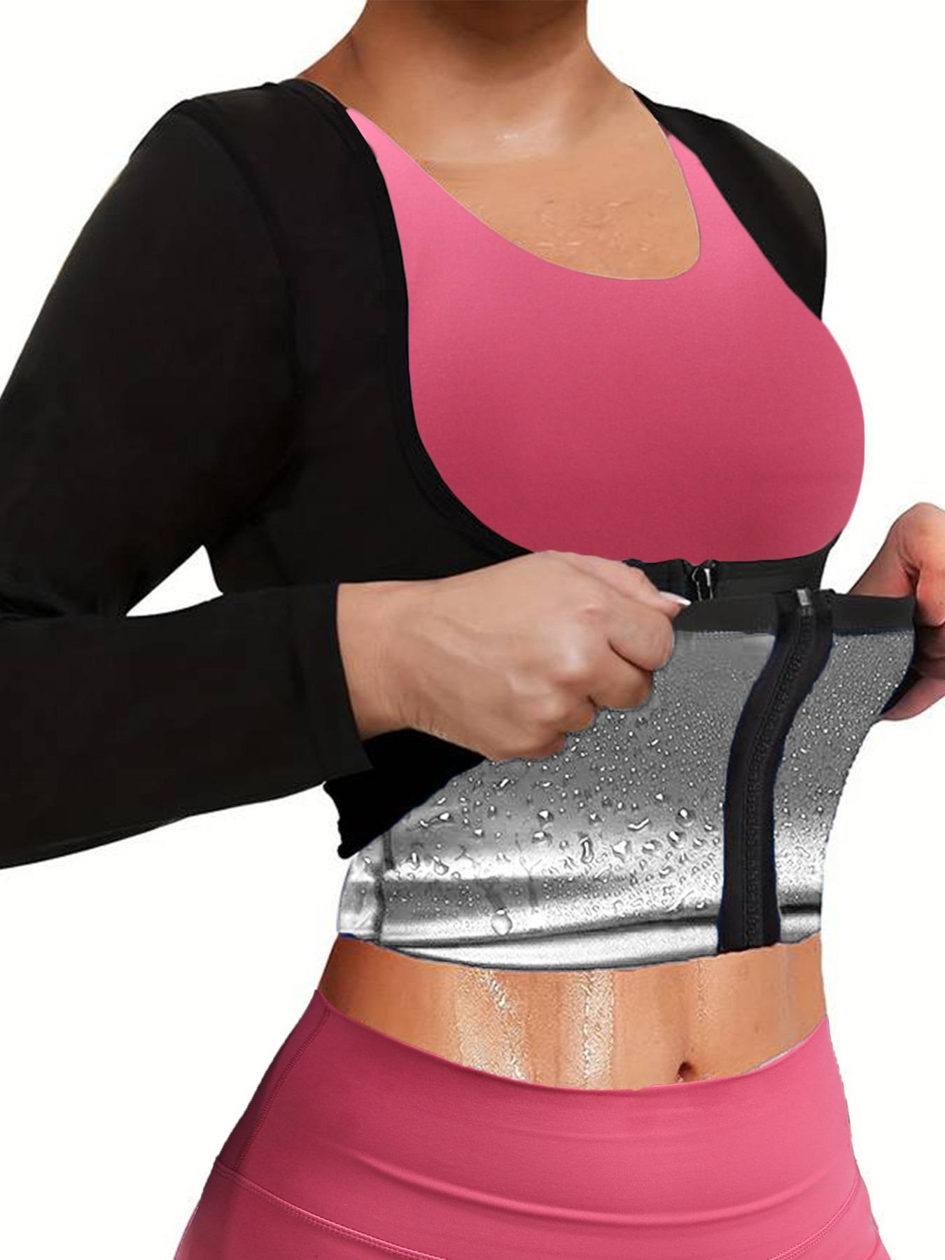 Women's Solid Long Sleeve Zip Up Sauna Top, Open Bust Tummy Control Sports Shapewear Top, Workout Gym Exercise Clothing, Women's Workout Clothes