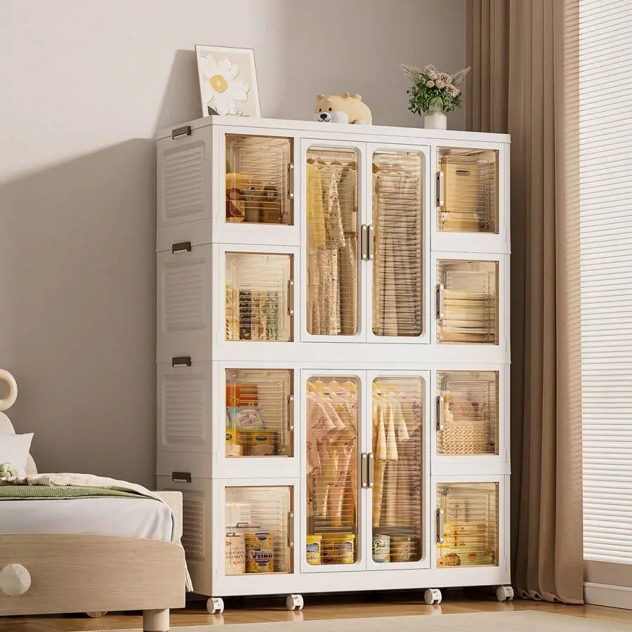 Large Storage Bins With Lids And Wheels, Collapsible Plastic Closet And Storage With Clear Doors, Clothes Organzier, Moveable Foldable Organization And Storage Cabinet Home Apt