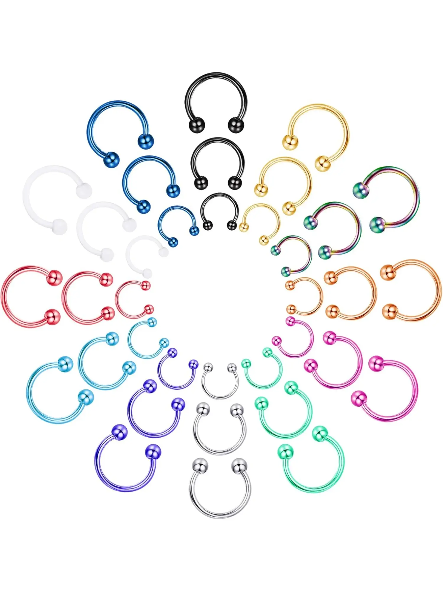 36Pcs Unisex 16G Surgical Steel Horseshoe Piercing Hoop Set, Body Piercing Jewelry, Multi-Size 8mm 10mm 12mm Septum Nose Rings, Daith Lip Smiley Body Piercing Hoops For Women Men Daily Festival Gift