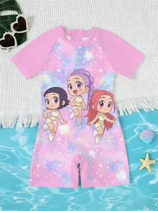 Girls' Summer Jumpsuit Swimsuit, Nebula Q Version Girl Group Print Short Sleeve Beach Sun Protection Swimwear