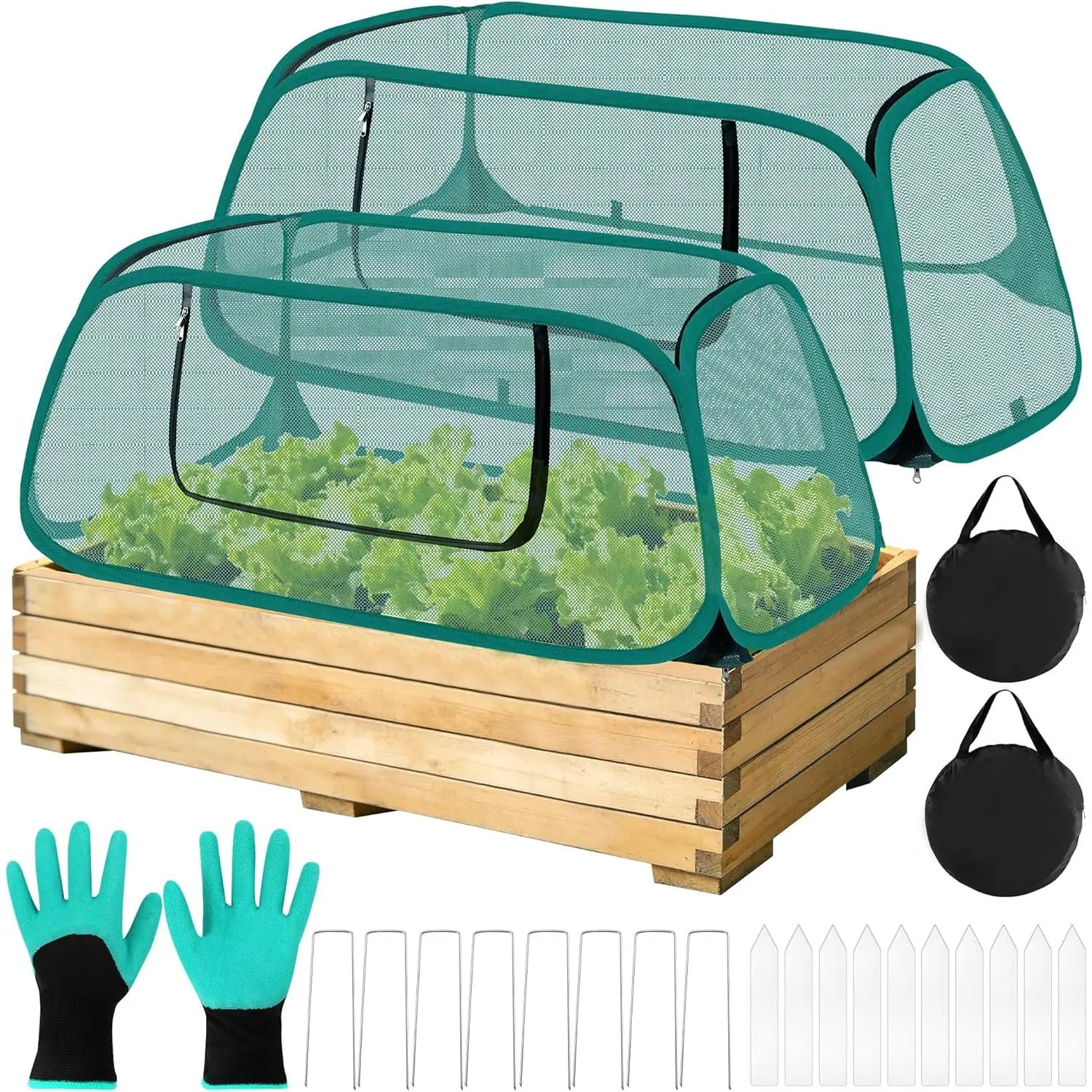 2 Pack Pop Up Garden Cover, 44" x 19" x 17" Foldable Pop-Up Mesh Plant Garden Bed Cover for Raised Beds for Vegetable, with 10 Labels/ 8 Stakes/ 2 Storage Bag/Gloves