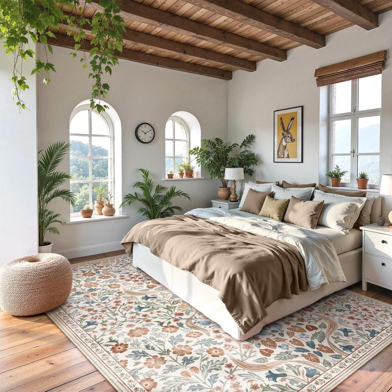 Moynesa Floral Washable Faux Cashmere Rugs, 8x10 Area Faux Cashmere Rug for Living Room, Soft Large Boho Bedroom Faux Cashmere Rugs, Flower Non Slip Ultra Thin Botanical Carpet for Dining Room Nursery Office, Beige