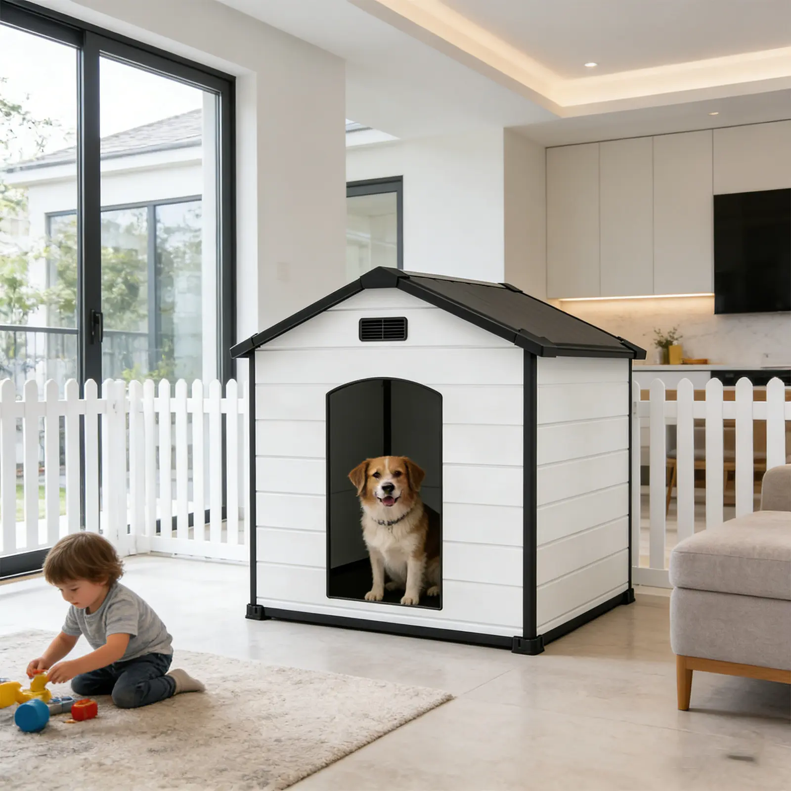 Heavy Duty Waterproof Dog House for Indoor and Outdoor Use, Plastic Pet Kennel with Raised Floor and Hidden Vents, Easy Assembly, Weatherproof Shelter for Small to XL Breeds, 46x40x40 Inch, Cement Gray