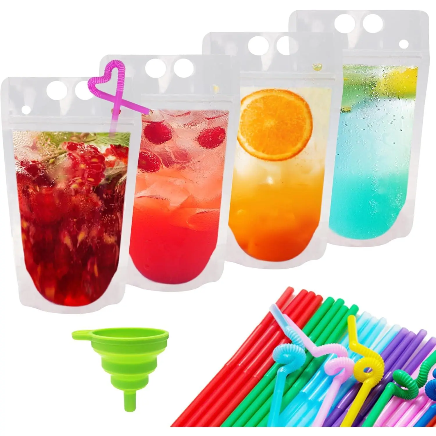 Drink Pouches, 100 count  16 oz Drink Juice Pouches for Adults, Heavy Duty Pouches for Adults with Straw Funnel, Hand-held Smoothie Juice Bags for Cold Hot Drinks