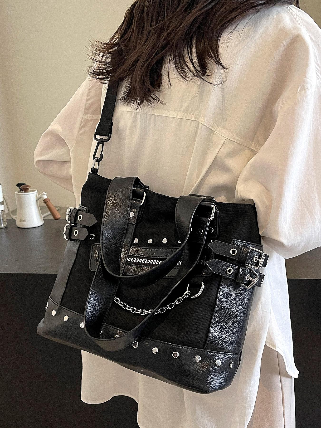 Niche Design Punk Style Rivet Chain Tote Bag, Casual Commuter Bag, Multi-pocket Functional Shoulder Crossbody Bag, Dark Hardware Decorated Handbag, Pu Tote Satchel, Street Style Fashion Trendy and Versatile, Suitable for Daily Travel, Etc
