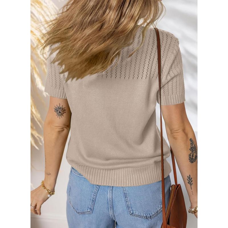 Womens Summer Tops Dressy Casual Crewneck Short Sleeve Shirts Solid Hollow Out Knit Loose Sweater Blouses