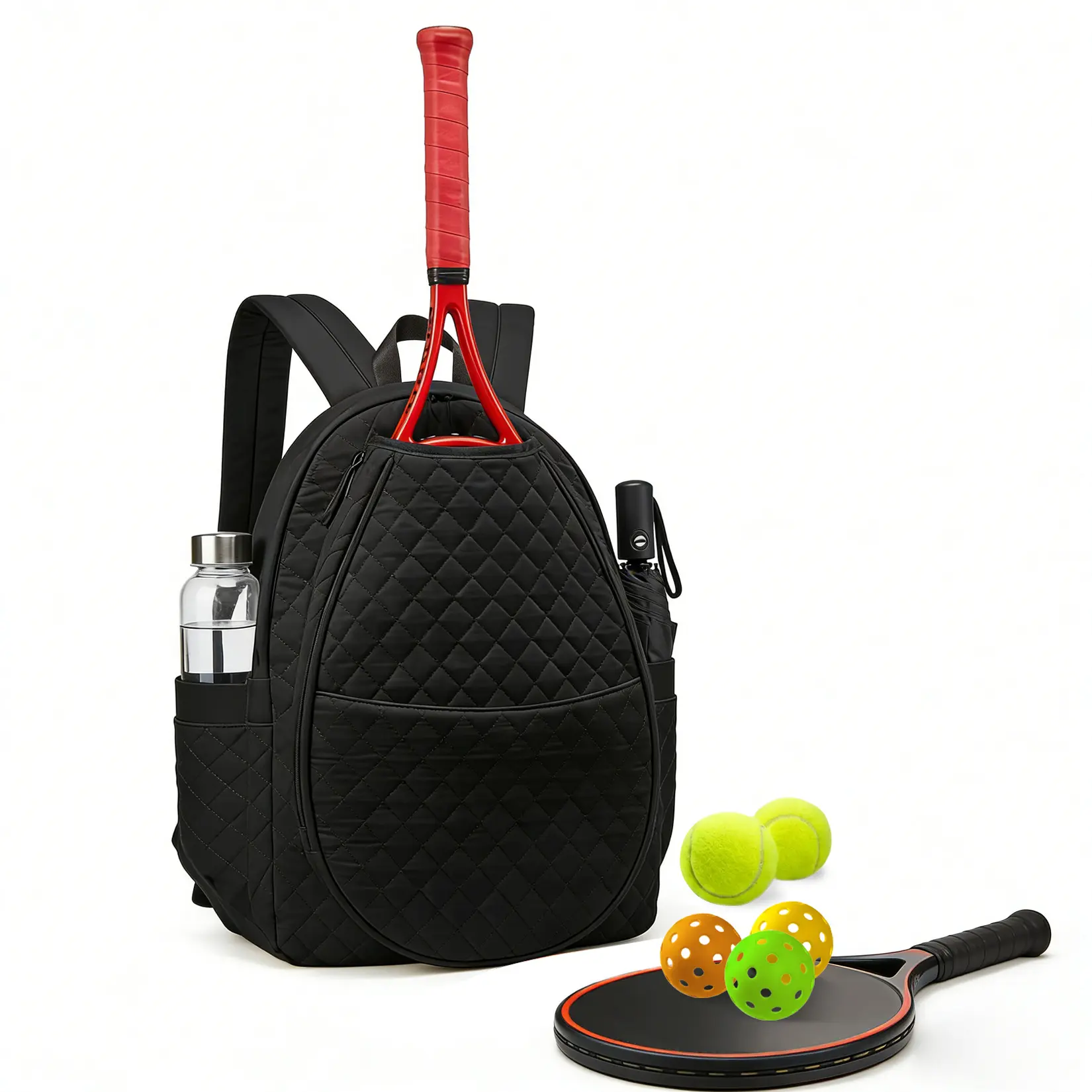 Quilted Lightweight Tennis Bag for Women – Crossbody Racket Sports Bag Holds 1-2 Racquets, Pickleball or Badminton Paddles – Spacious, Durable, Stylish with Accessory Pockets – Black