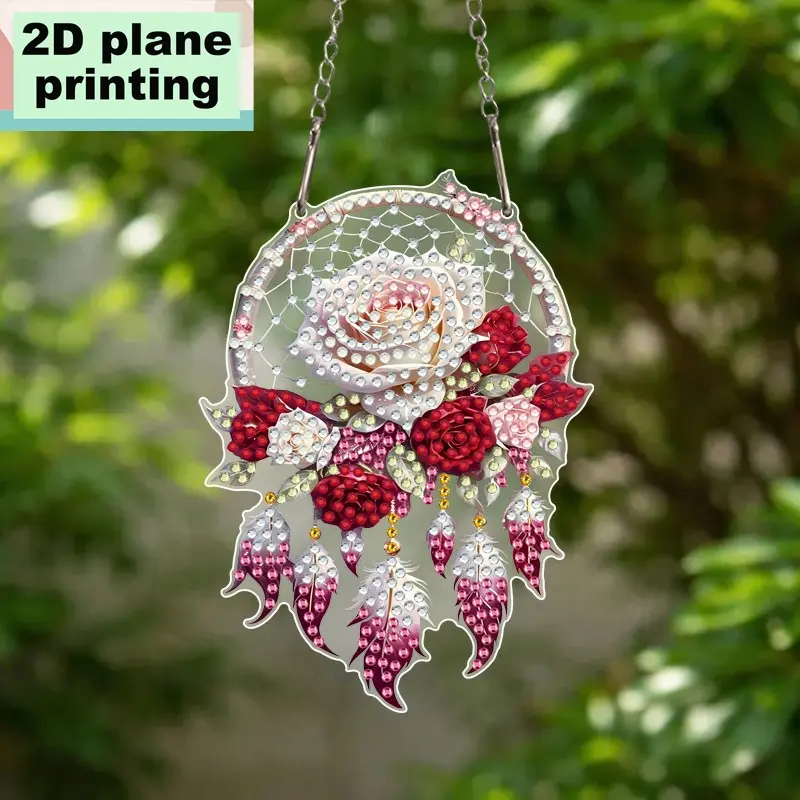 2D Acrylic DIY Diamond Painting Kit with Rose Dream Catcher Design for Wall Garden Window Hanging Multi-Purpose Decor Creative Handmade Craft Gift for Beginners and Adults