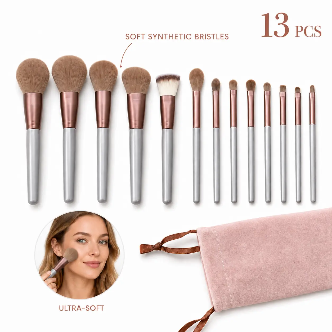 13PCS Makeup Brush Set with Travel Case, Soft Synthetic Face & Eye Brushes for Foundation, Concealer, Powder, Blush & Eyeshadow