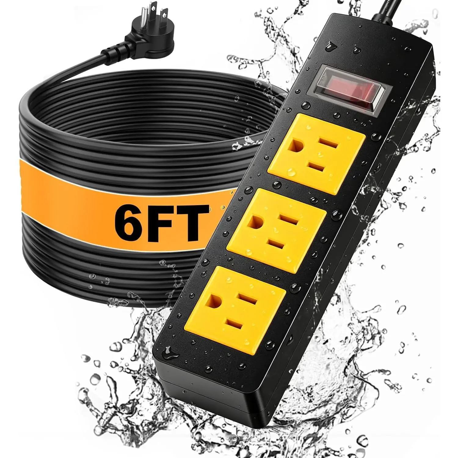 Outdoor Weatherproof Surge Protector Power Strip with 6FT Extension Cord, 3 Shockproof Outlets, Overload Safety, Wall Mount Design, Durable ABS+PC Shell for Devices Protection, Patio & Christmas Lights Accessories
