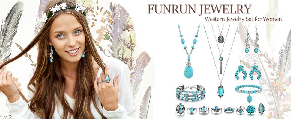 FUNRUN Boho Turquoise Jewelry Set - 14Pcs Dangle Earrings, Knuckle Rings, Wrap Bracelet, Layered Necklace & Sunflower Ring for Women