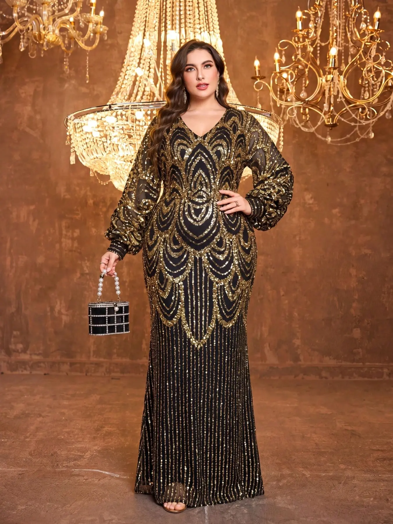 Elegant Plus Size V Neck Lantern Long Sleeve Maxi Dress, Waist Cinch Slimming Sequin Evening Gown, All Seasons Formal Wear Elegance