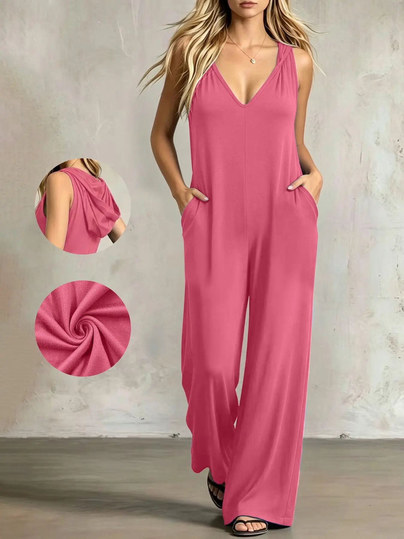 One & Done! Chic Hooded V-Neck Sleeveless Wide-Leg Jumpsuit with Pockets, Trendy Solid Urban Casual Activewear for Summer & Daily Wear