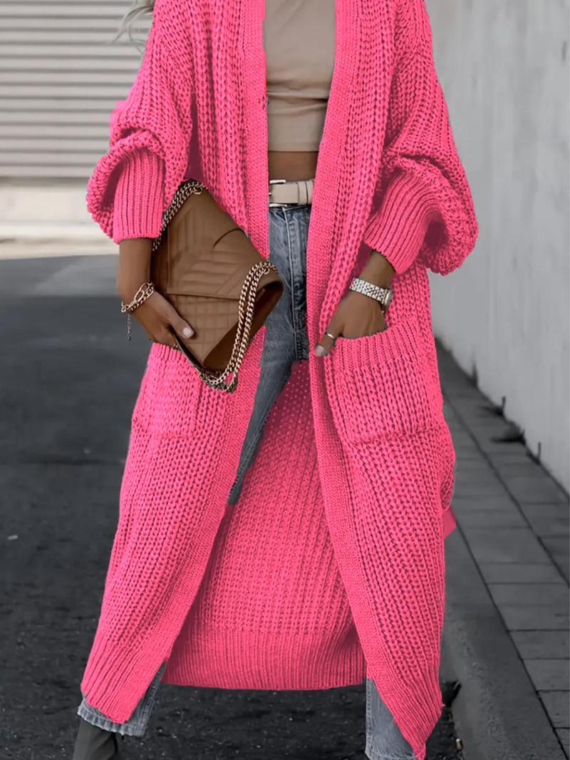 Women's Solid Drop Shoulder Long Cardigan, Casual Long Sleeve Cardigan with Pockets, Ladies Knitwear for Spring & Fall Daily Wear, Sweaters for Women