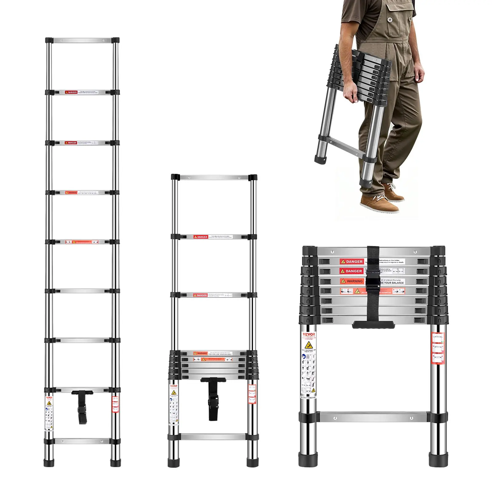 VEVOR Telescoping Ladder, 8.5ft Stainless Steel Lightweight Extension Ladder, Multi-Button Retraction Collapsible Ladders, 330LBS Capacity Non-Slip Feet, Portable 9-Step Ladders for Home, RV, Loft