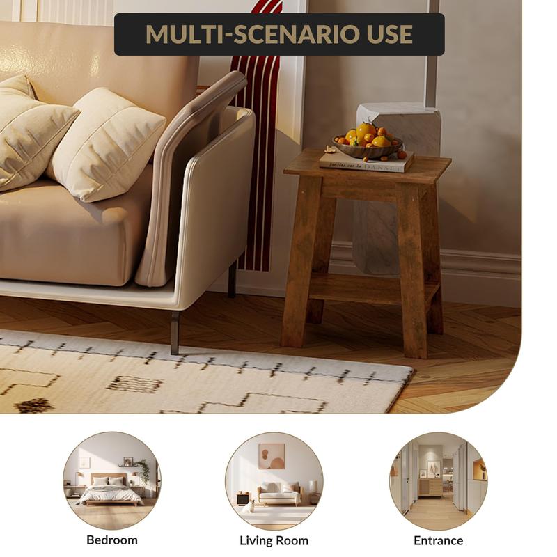 Farmhouse Rustic End Table with Storage Shelf, 2-Tier Narrow Accent Table for Living Room & Bedroom