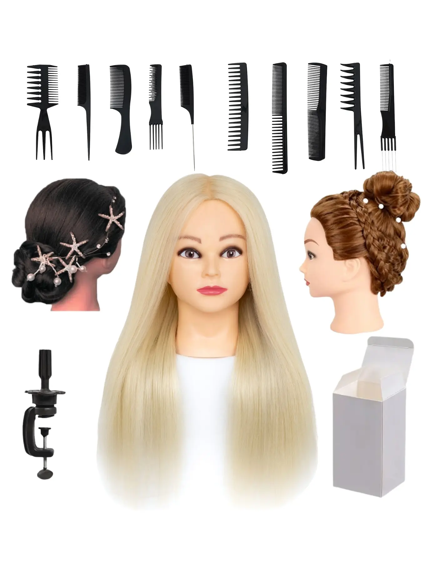 26‑28 Inch Blonde Synthetic Hair Mannequin Head Light Skin Female Training Manikin Head With Table Clamp Stand And 10 Pcs Professional Hair Comb Set For Cosmetology Students Practicing Braids Updos And Bridal Hairstyles