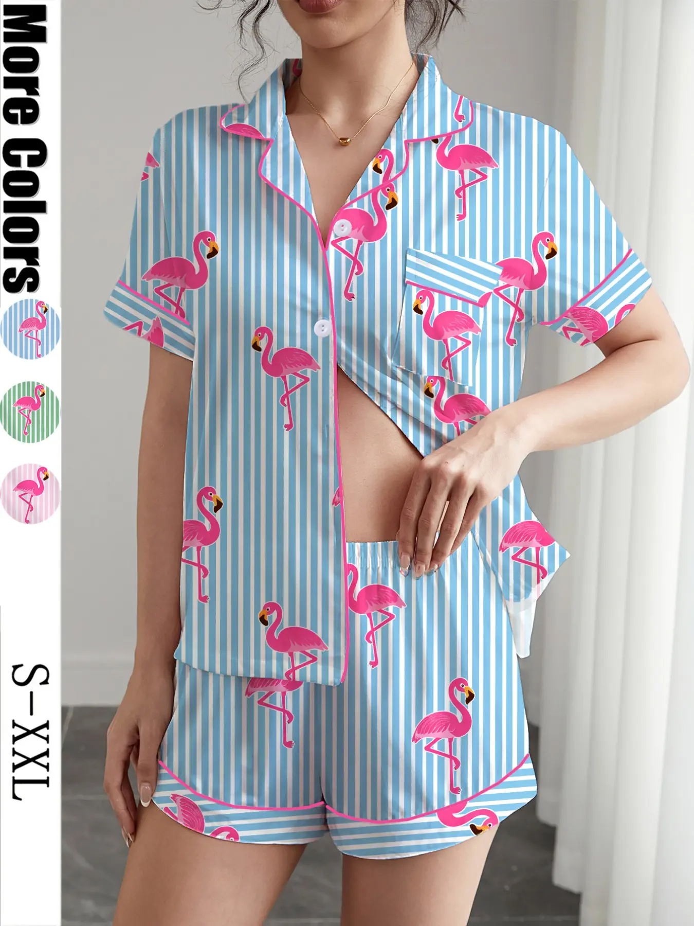 Women's 2-Piece Pajama Sleepwear Loungewear Set, Striped Flamingo Print, Short Sleeve Button-Up Top and Elastic Shorts, Casual Home Wear