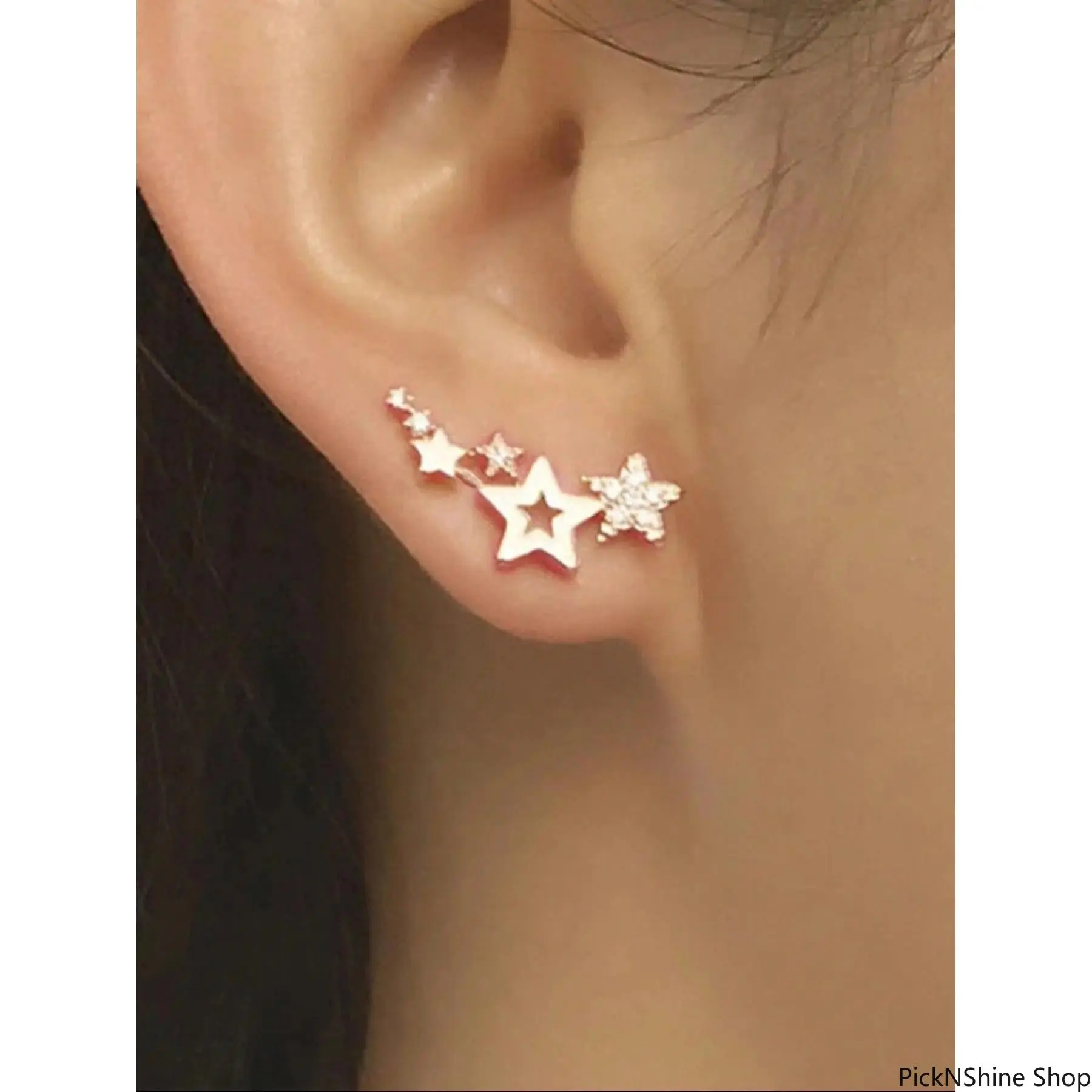 1 Pair Rhinestone Star Ear Climbers Sparkling Constellation Design Silver Tone Studs For Daily Wear Y2K Aesthetic Celestial Jewelry For Women Trendy Ear Crawler Accessories