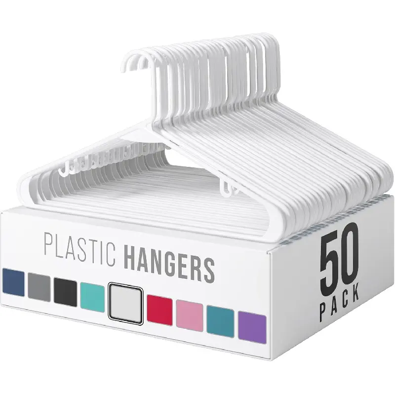 Plastic Hangers 50 Pack White - Clothes Hangers - Makes The Perfect Coat Hanger and General Space Saving Hangers for Closet and New Apartment Essentials - Percheros Ganchos para Colgar Ropa Hangars