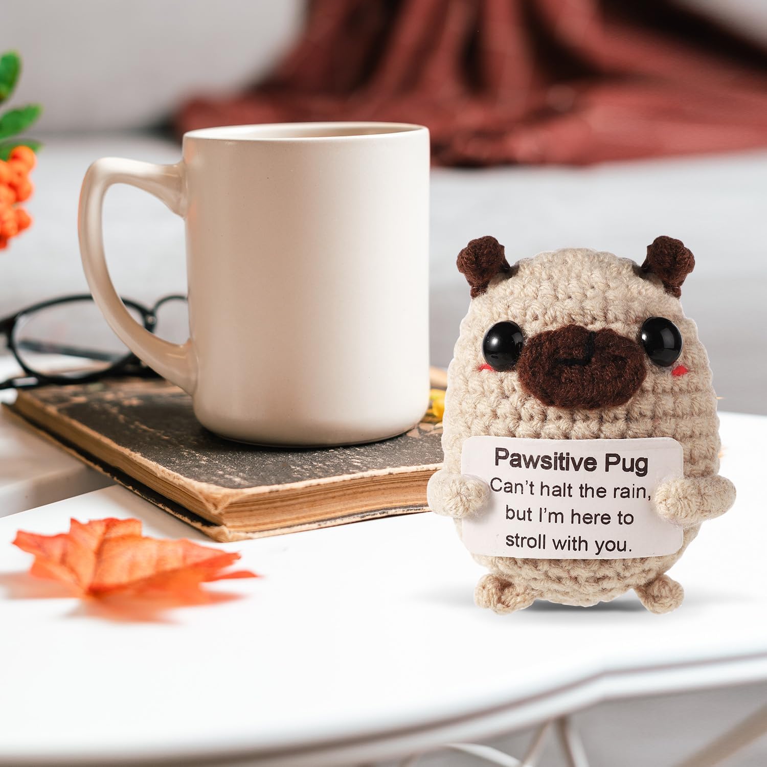 Super cute positive animals crochet pug plush! Tiny knitted lucky charm dolls for emotional support and encouragement. Ideal sweet gifts for friends, family, or charming party decoration. Small in size but big in love and warm comforting vibes.