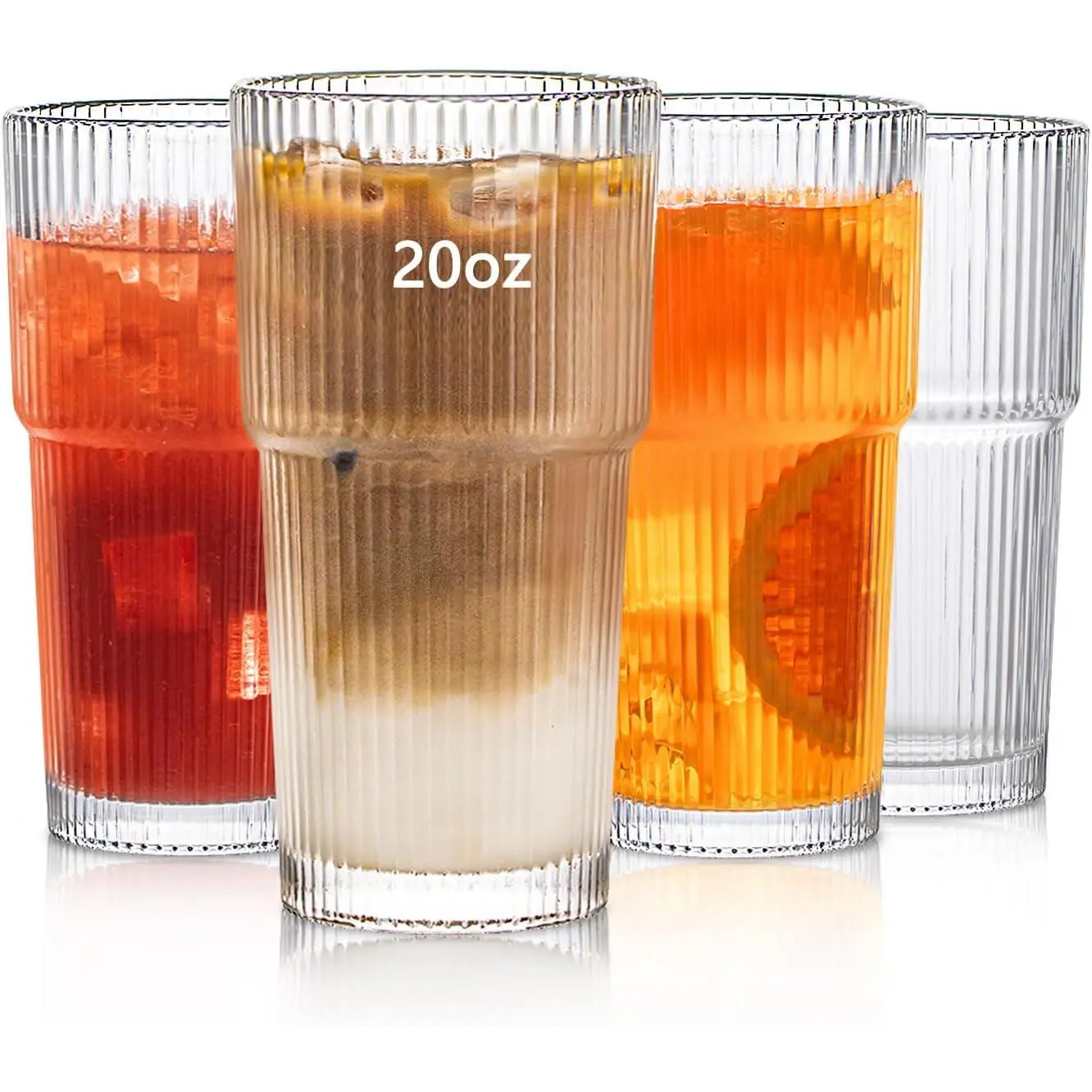 20oz Ribbed Glass Tumbler Set of 4 – Large Capacity Drinking Glasses for Iced Coffee, Water, Juice, and Cocktails – Elegant Modern Glassware for Everyday Use and Special Occasions