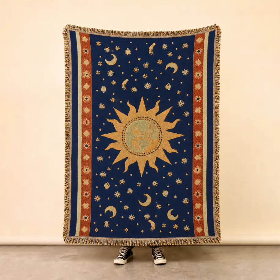 Boho Celestial Sun Moon Woven Blanket 51.2 x 70.9 in / 130 x 180 cm, Star Tapestry Throw Blanket with Tassels, Soft Cozy All Season Blanket for Bed, Couch, Sofa, Dorm, Bedroom & Wall Hanging Room Decor