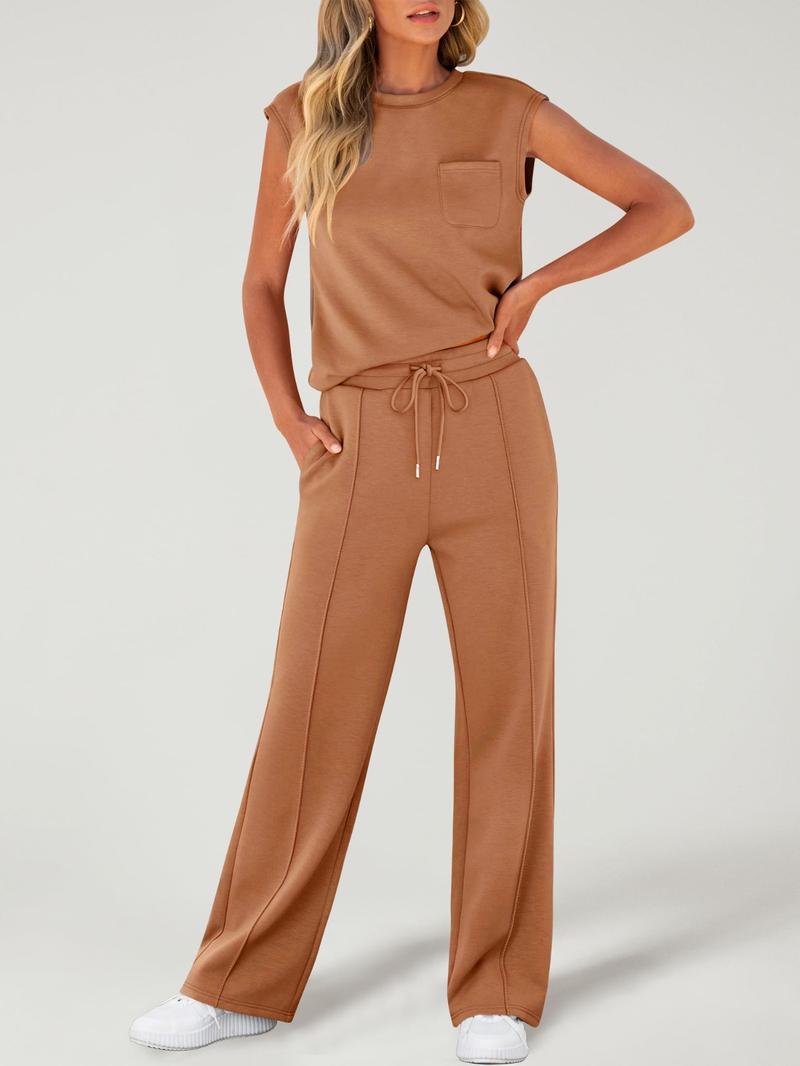 Women's Solid Tank Top & Drawstring Waist Pants Two-piece Set, Casual Sleeveless Round Neck Top & Trousers for Daily Wear, Ladies Two-piece Outfits for All Seasons, Clothes, Womenswear