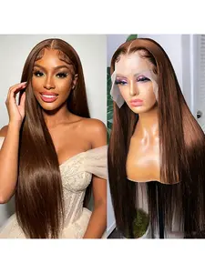 #4 Chocolate Brown Glueless Lace Frontal Wig 13x4 Bone Straight 180% Density Human Hair Breathable Mesh Elegant Sleek Style Secure Fit Versatile Hairpiece for Women