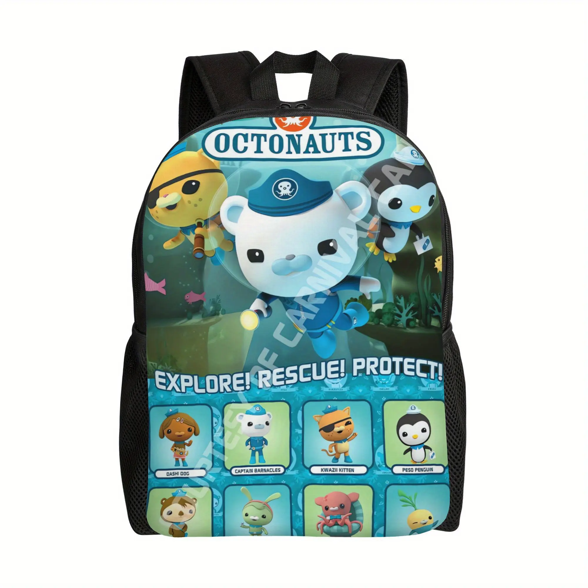 Bucked Up Octonauts Cartoon Character Full Crew Print Backpack, 600D Oxford Kids School/Daycare Bag, Lightweight Breathable Padded Straps, Multi-Pocket Toddler Travel Daypack, Hand Washable Birthday Character-Themed Backpack, Character-Themed Backpacks, F