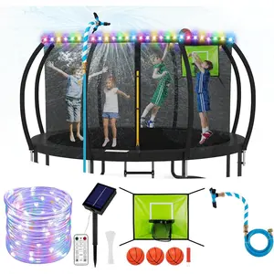 Kids Trampoline Accessories Kit, Basketball Hoop with 3 Mini Basketballs, 50FT 8-Mode Solar Lights Fits 8-16FT Outdoor Trampoline, Optional 2 Kits with Sprinkler, Dart Board & Glow Net