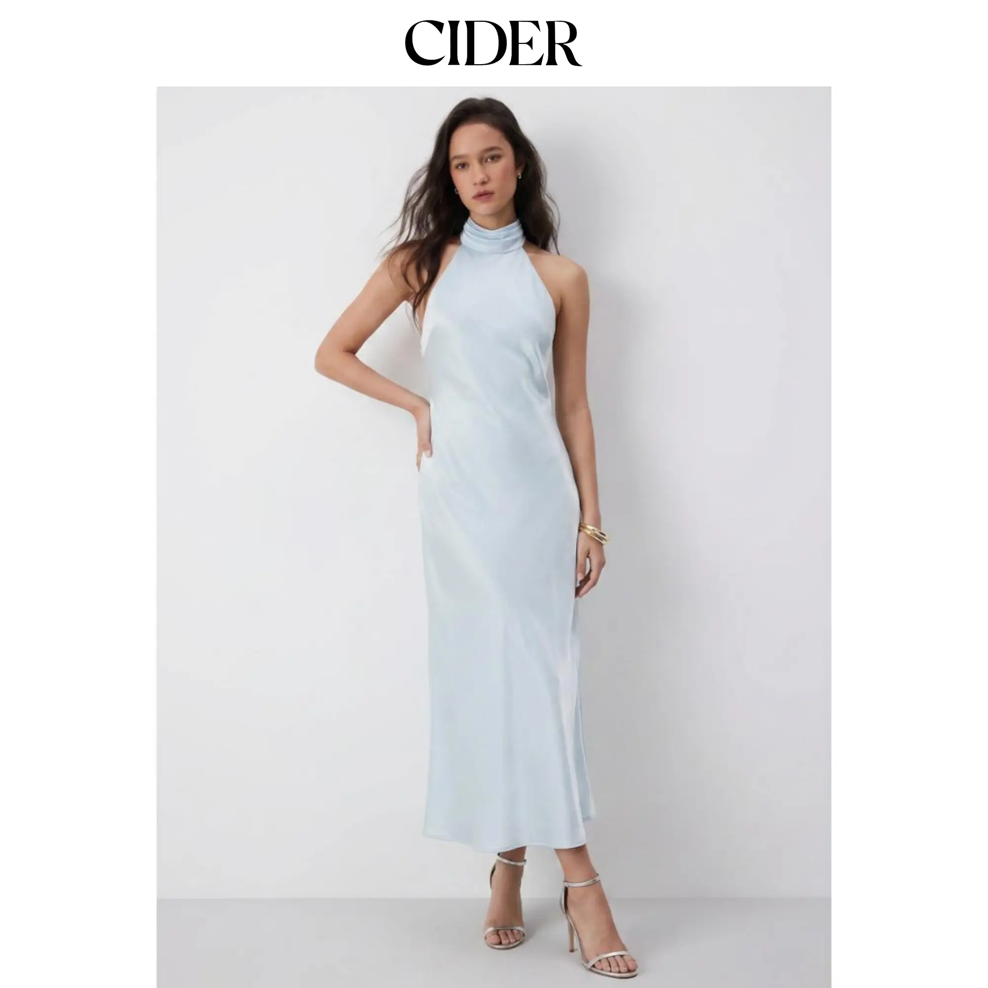 Cider Satin Halter Neckline Backless Mermaid Maxi Mermaid Dress SohoChic