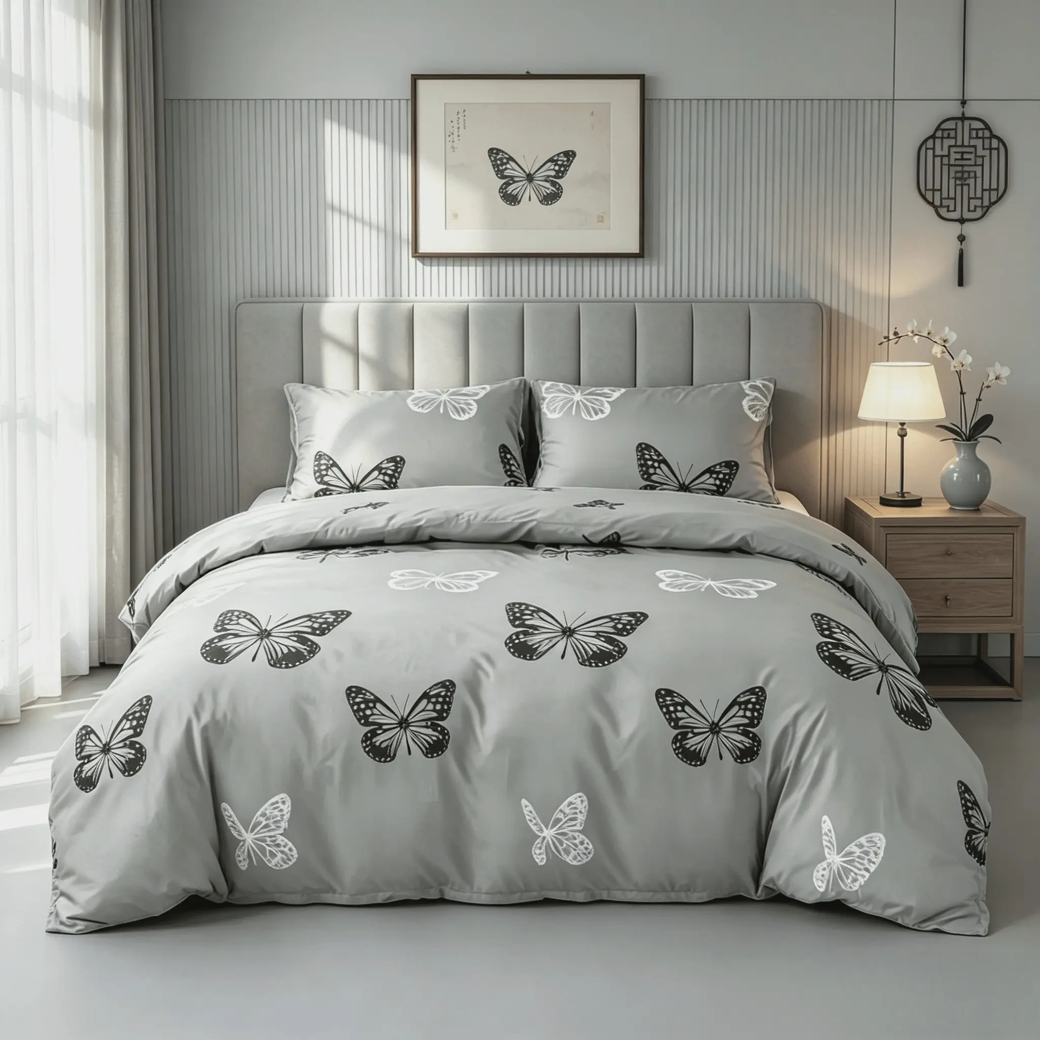 grey butterfly printed bedding set, Decorative bedding set, 3-piece set, includes 1 duvet cover and 2 pillowcases, without inner inserts, ultra soft, suitable for all seasons, bedroom decor, perfect gift for Valentine's Day and birthdays