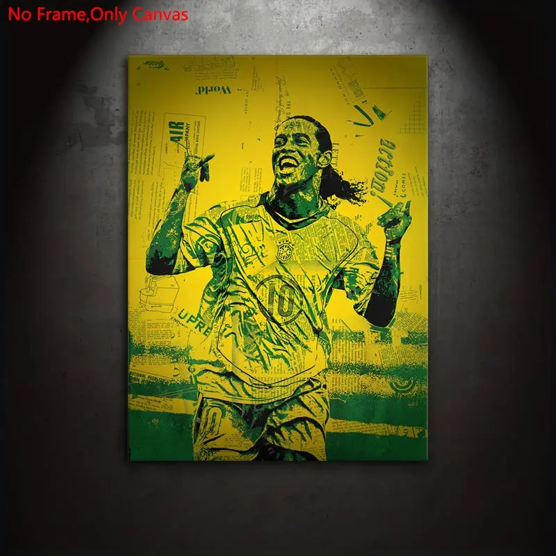 1 Piece/Set Frameless Canvas Painting Print Poster,Classic Vintage Collage Samba Romanticism Football Pop Art,Brazil Legend Superstar Ronaldinho,Perfect Gift for Soccer Lovers,Ideal Gift Bedroom,Study,Office,Living Room,Dorm Hallway,Mural,Wall Decoration