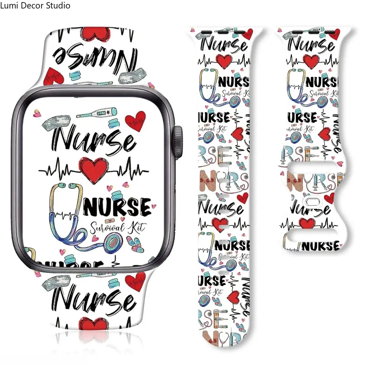 Nurse Print Silicone Watch Band with Stethoscopes & Butterfly Clasp, Soft Comfortable Strap for Casual Wear, Fits Series 10-11 Models, Accessories, Wearable, Nursing, Strap Only, Series 10-11 Fit, Career-Themed