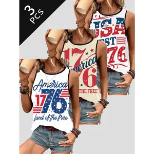 3 Pack Women 1776 America Print Tank Tops, USA Land of the Free Patriotic Sleeveless Crew Neck Casual Summer Vest Shirts for 4th of July