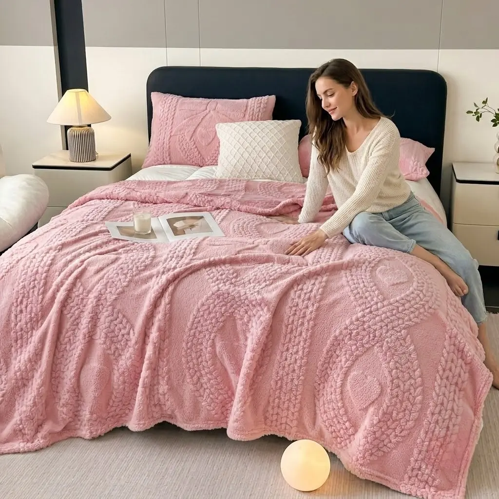 1pc 280g Heavy Blue Bow Heart Texture Blanket, Thick Soft Warm Bedspread, Geometric Pattern, Ideal for Bedroom Living Room All Seasons