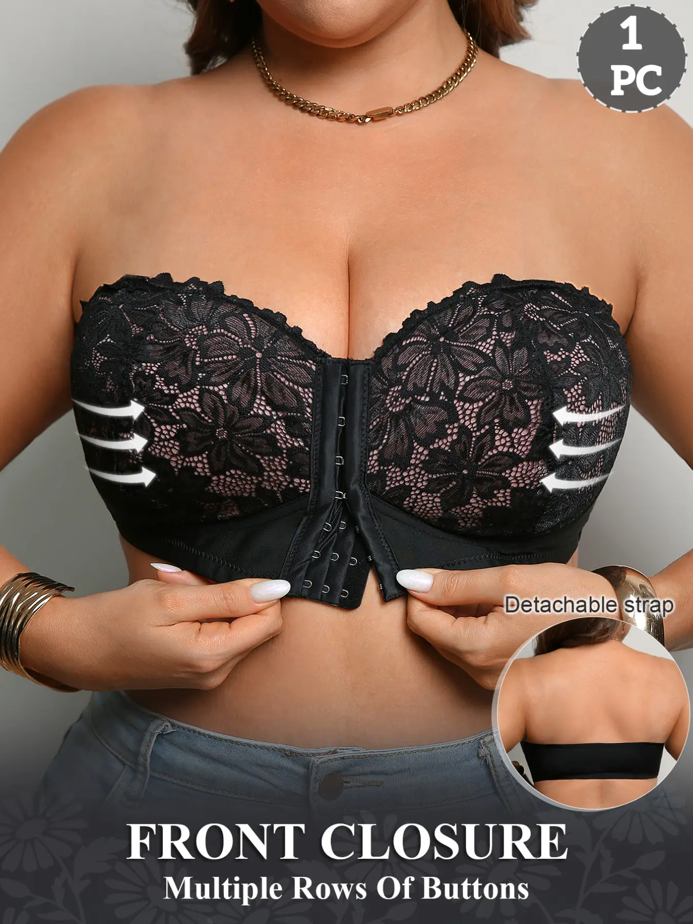 1/2PCS Plus Size Women's Lace Strapless Bra, Wireless Push-Up Support, Anti-Sagging Design, Front Closure, Removable Straps, Breathable & Comfortable, Perfect for Daily Wear and Everyday Off-Shoulder Outfits, Lace Wirefree Bra
