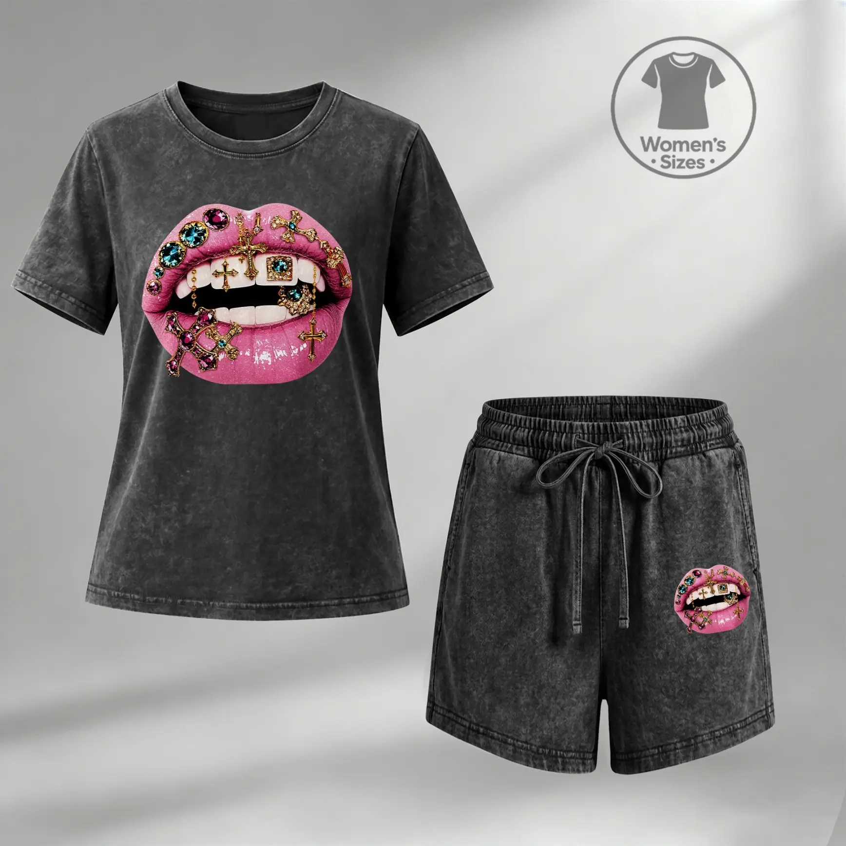 Women’s 100% Cotton Glam Lips Graphic Washed Tee & Loose Bermuda Shorts Set, Relaxed Two-Piece Outfit With Elastic Drawstring Waist, Trendy Casual Style