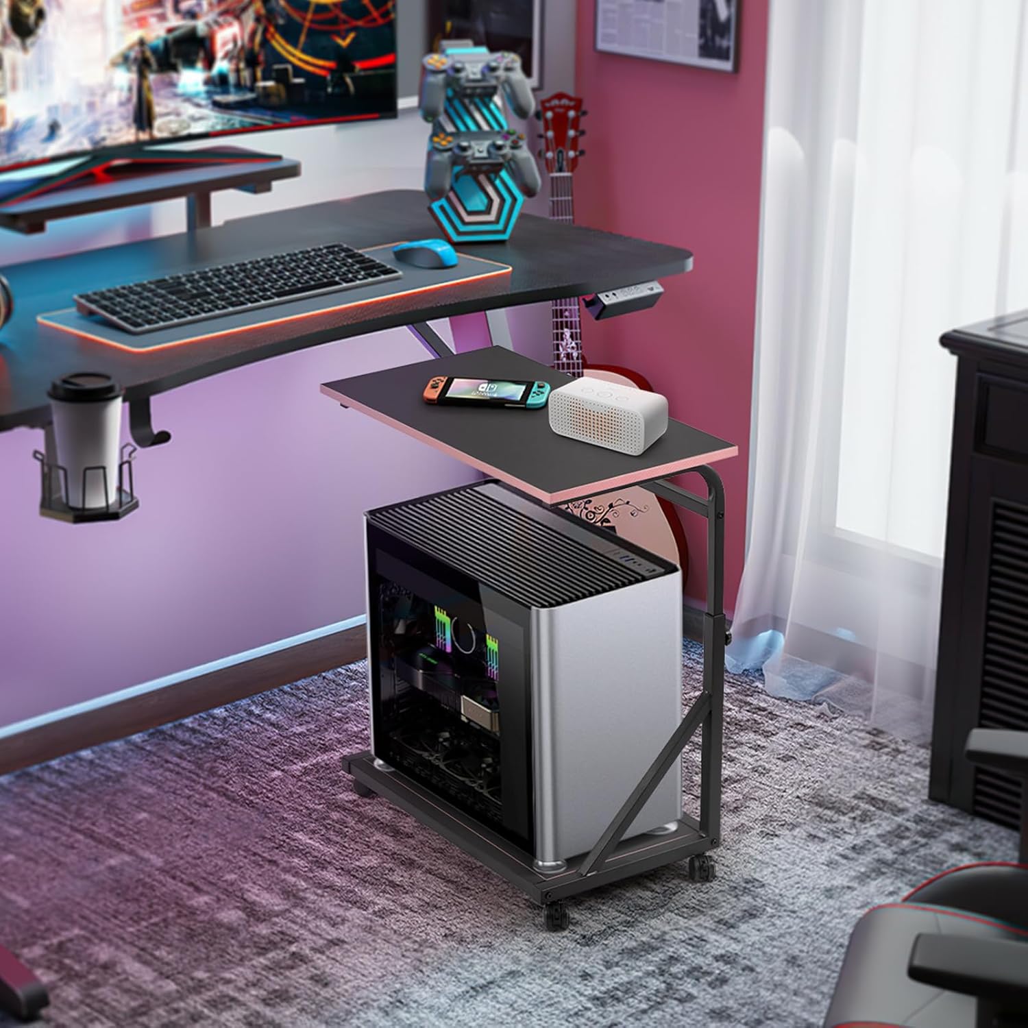 Height Adjustable Computer Tower Stand, 2-Tier CPU Holder Cart Under Desk, PC Floor Stand for Office Gaming Black and