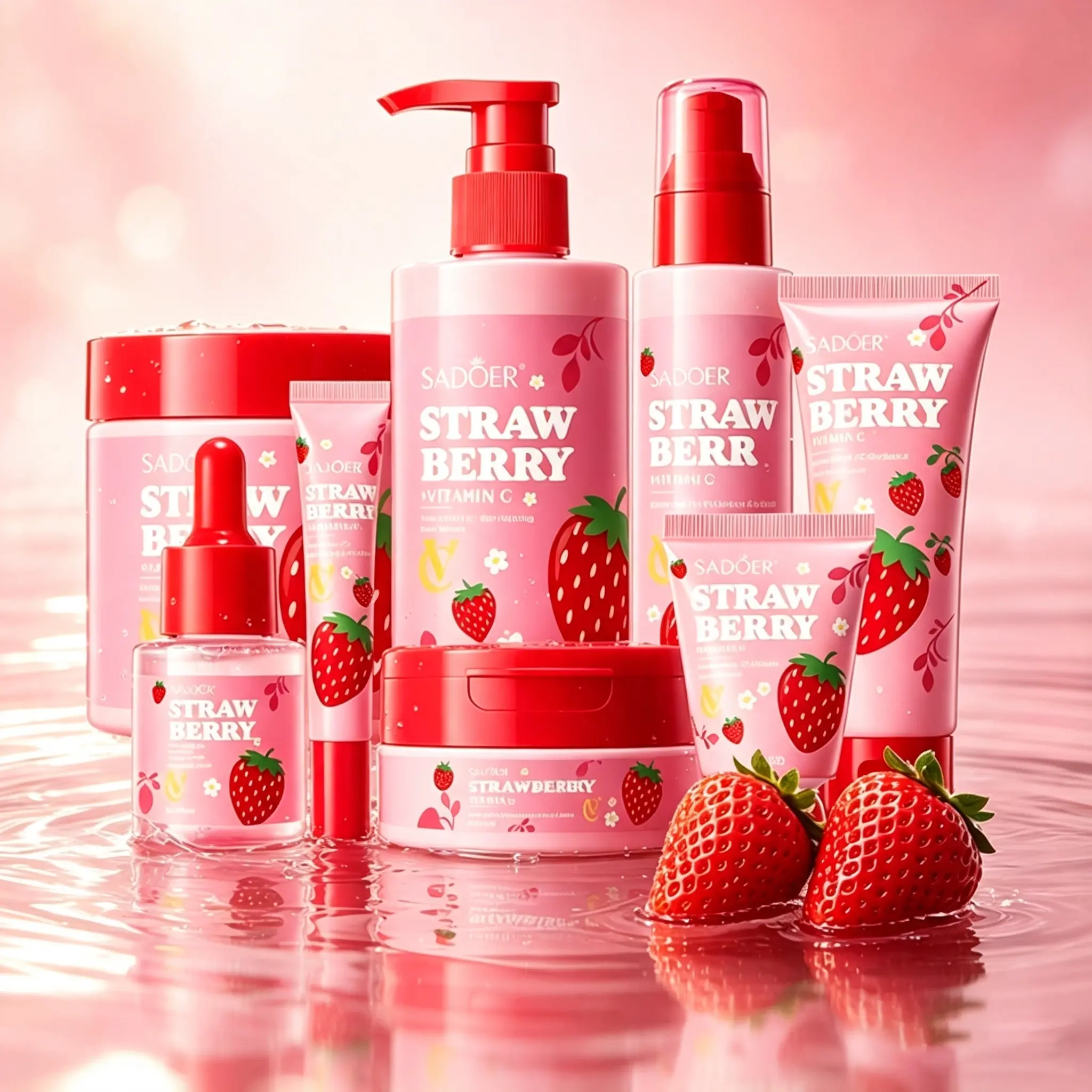 Strawberry fragrance skin care full set, multi-piece care set, strawberry VC formula, skin care bottle set, fresh strawberry fragrance, high appearance level pink packaging, home travel, holiday gift skin care set