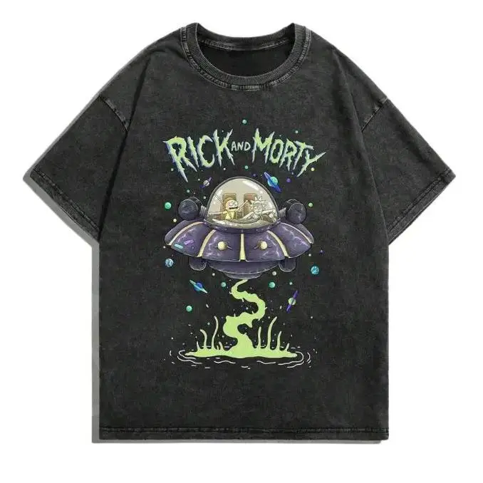 Menswear Vintage Black Washed Rick and Morty Short-Sleeve T-Shirt - Wrinkle-Resistant, Soft Clothes, Full Front Logo & UFO Spaceship Print, Oversized Unisex Tee for Fans, Tops, Shortsleeve