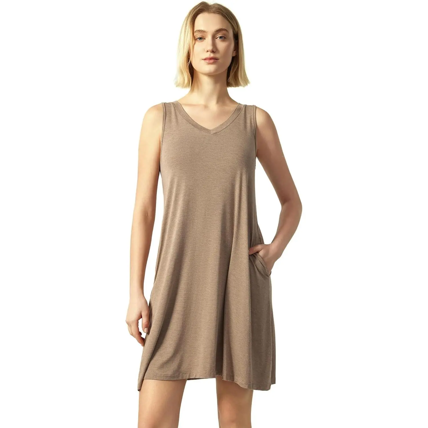 GYS Women's Bamboo Viscose Tank Nightgown - Cooling, Moisture-Wicking, Breathable, Tagless, Crewneck, Sleeveless, Soft-Stretch, 2 Pockets, Machine Washable for Hot Flashes & Summer Sleep, Machine Wash
