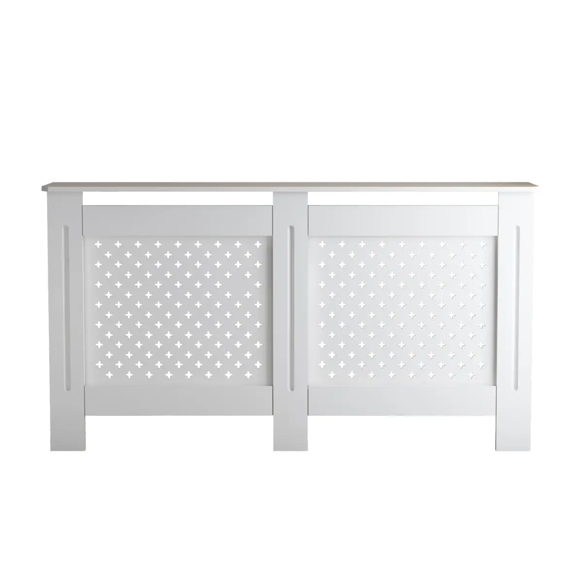 White MDF Radiator Cover Cabinet, 59.7"W*7.5"D*32.3"H Perforated Heater Enclosure with Multi‑Functional Top Display Shelf for Living Room Bedroom Entryway