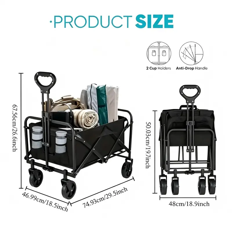 Heavy-Duty Foldable Multifunctional Handcart with 360° Rotating All-Terrain Wheels, Adjustable Handle, Portable Design, Black Collapsible Cart for Camping, Shopping, Home Improvement