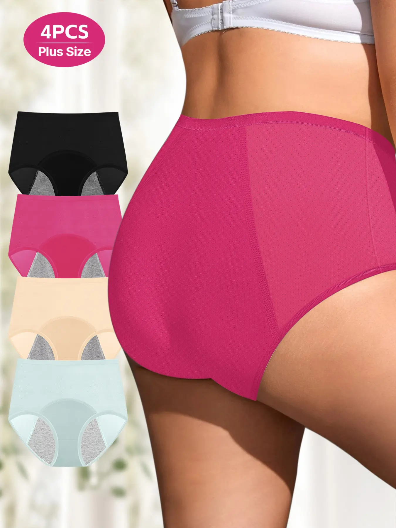 4-Pack Period Panties, High-Waist Breathable Mesh, Ideal for Sanitary Pad & Tampon Use, Women’s Menstrual Underwear, All Seasons, Everyday