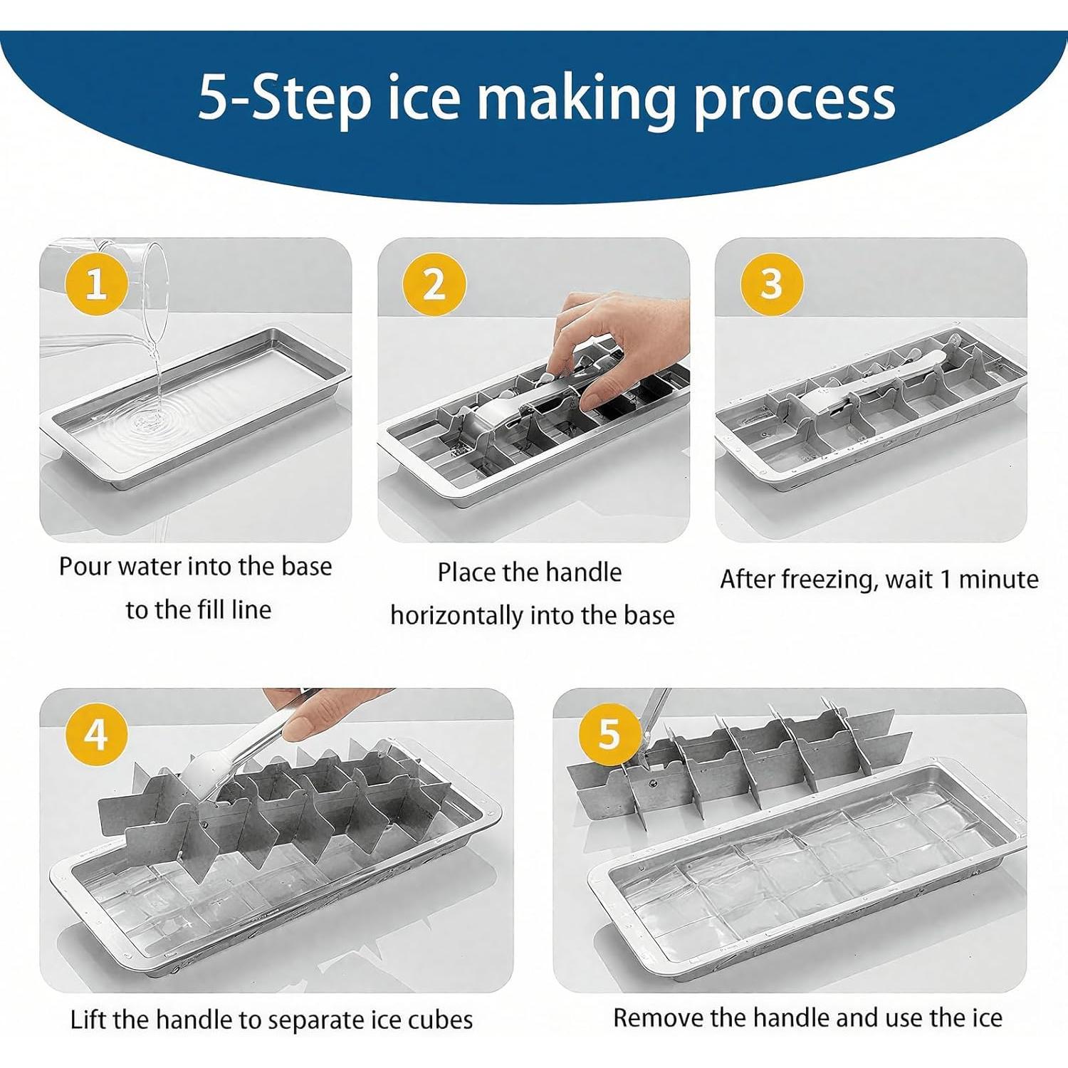 Stainless Steel Ice Cube Trays with Tweezers, Easy-Release Lever Handle, Durable Metal Ice Cube Trays for Freezer, Ideal for ,  & Drinks (1 Pack)