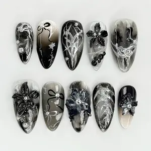 10pcs Handmade Long Almond Press on Decorative Nails, Gothic Ombre, 3D Floral, Silver Color Lines, Bow & Pearl Decor, Y2K Style False Nails