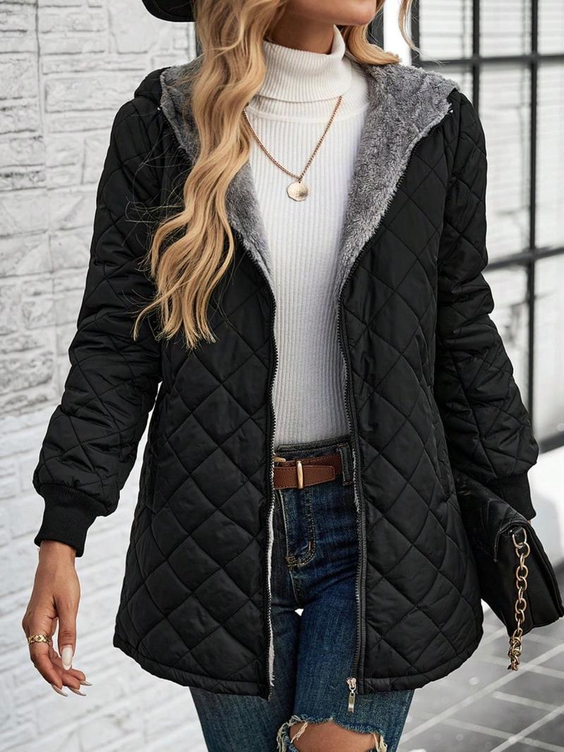 Women's Solid Zipper Quilted Hooded Jacket, Casual Long Sleeve Pocket Design Thermal Lined Outerwear for Fall & Winter, Women's Clothing for Daily Wear