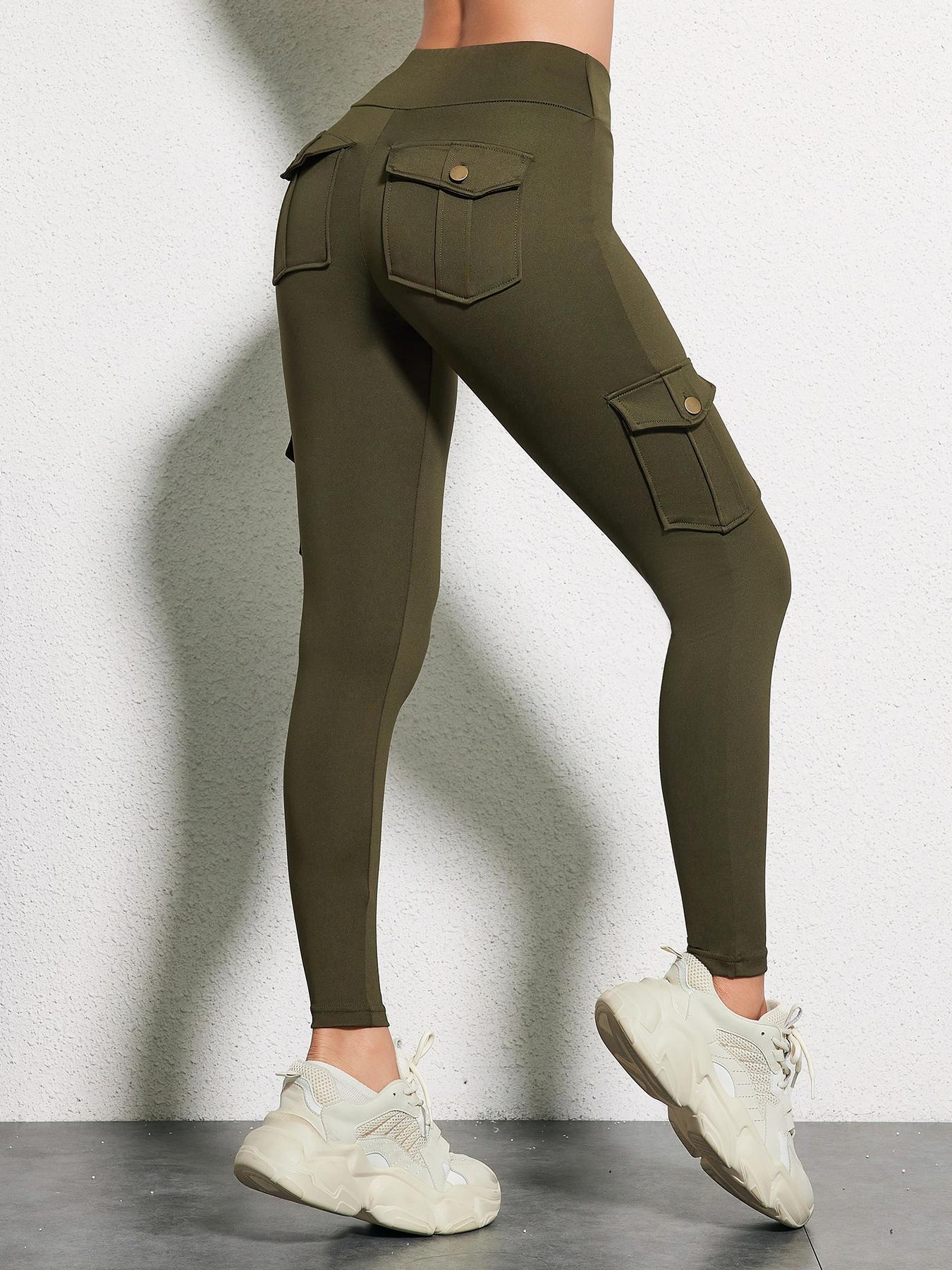 Women's Plain Flap Pocket Button High Waist Slim Leggings, Casual Comfy Breathable Skinny Cargo Pants for Daily Wear, Ladies Bottoms for All Seasons, Leggings for Women, Pants for Women, High Waisted Legging